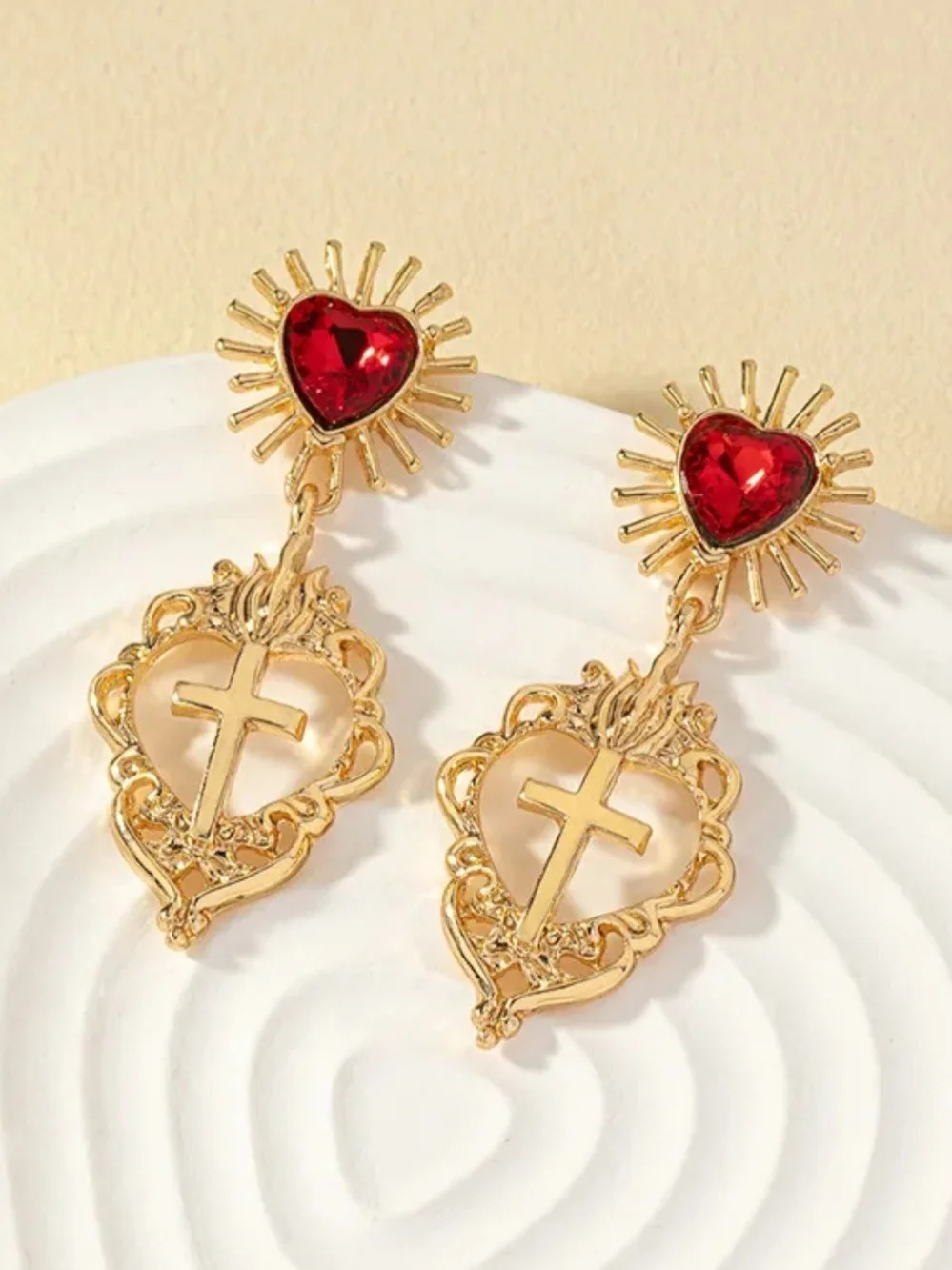 Source Unknown Gold Sacred Heart Drop Earrings with Red Heart Gem